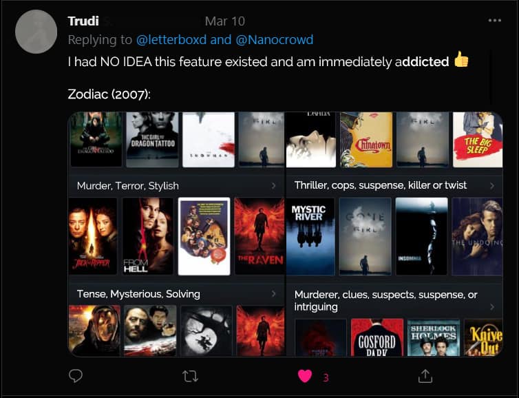 letterboxd and Nanocrowd social media comment from Trudy